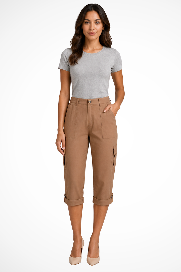 Siopie Women's Relaxed Cargo Cropped Trousers in Coffee