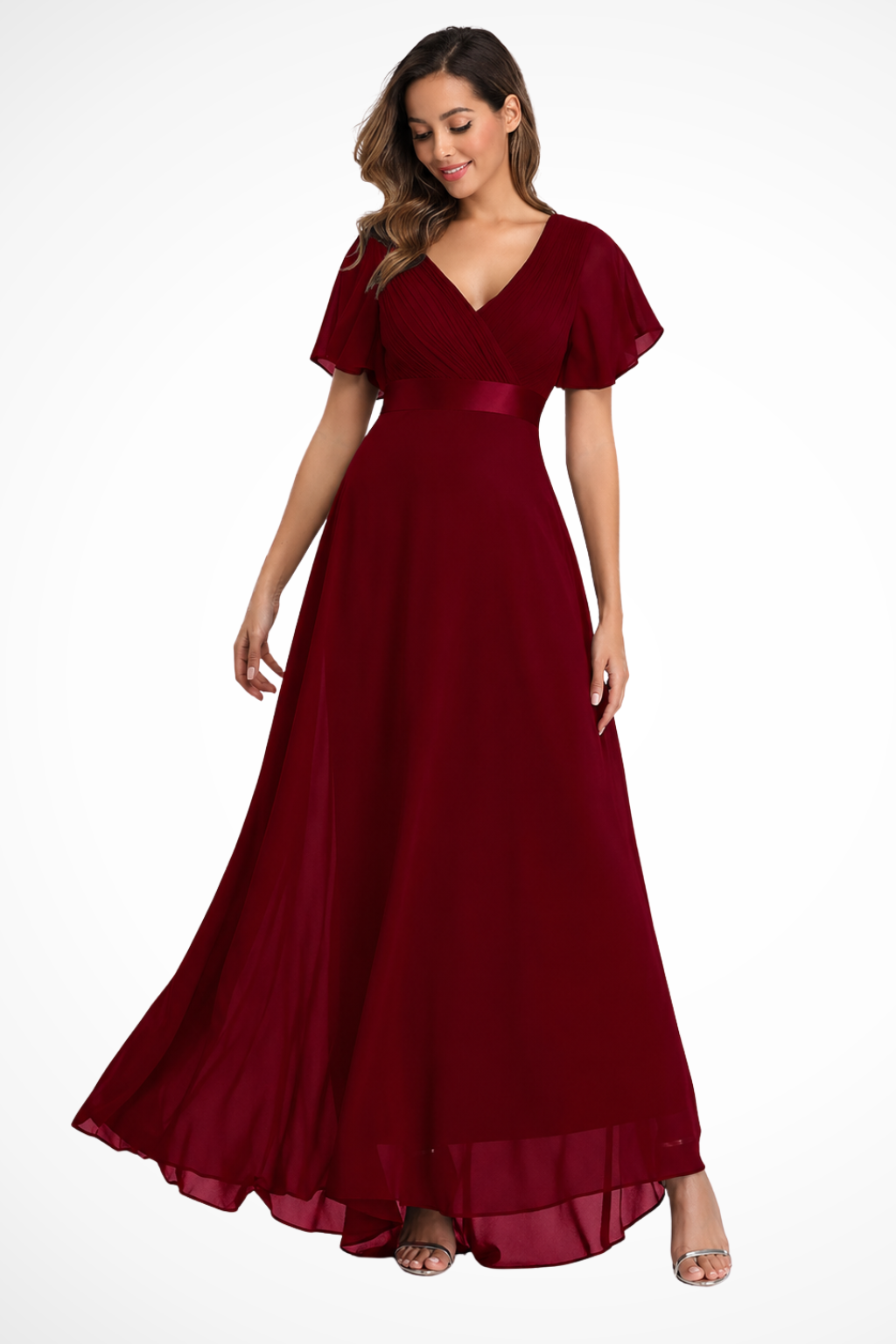 Siopie Women's Chiffon Flutter Sleeve V-Neck Maxi Dress in Burgundy