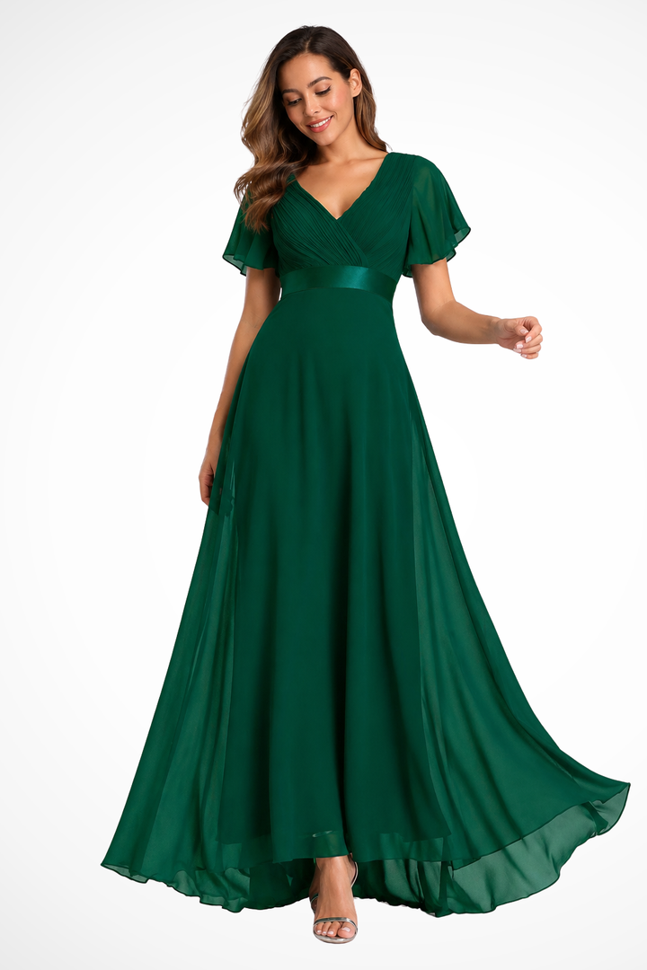 Womens Maxi Dress Chiffon Flutter Sleeve V-Neck - Clovrio