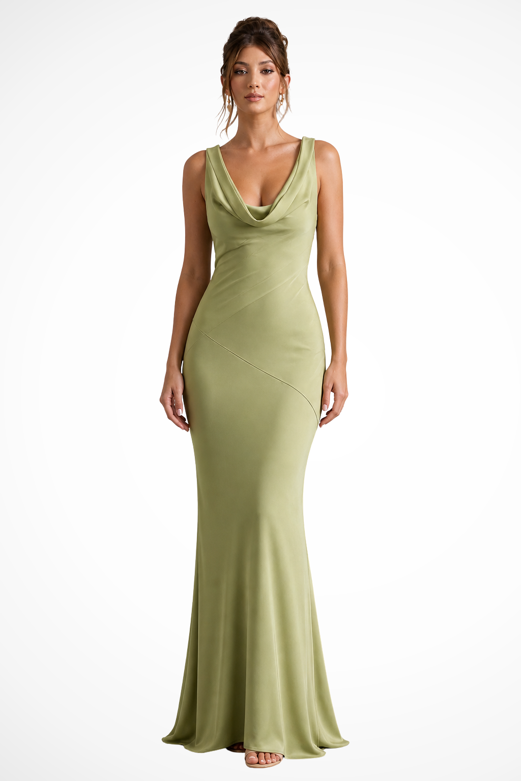Siopie Women's Satin Cowl Neck Fitted Maxi Dress in Green