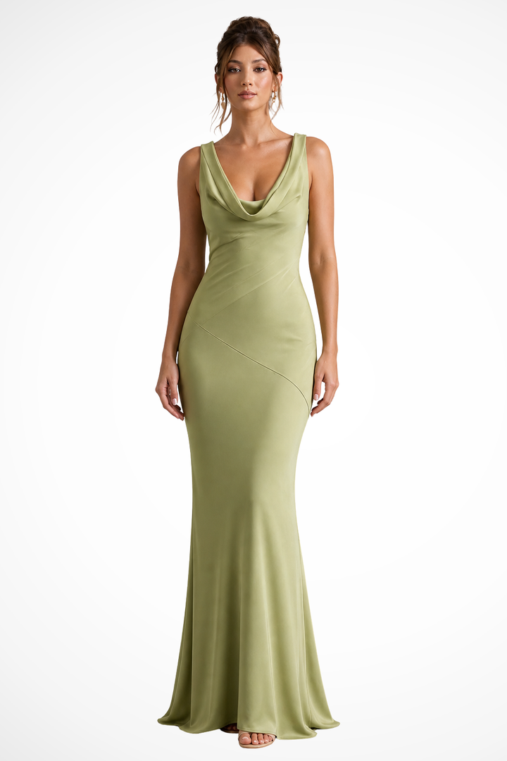 Siopie Women's Satin Cowl Neck Fitted Maxi Dress in Green