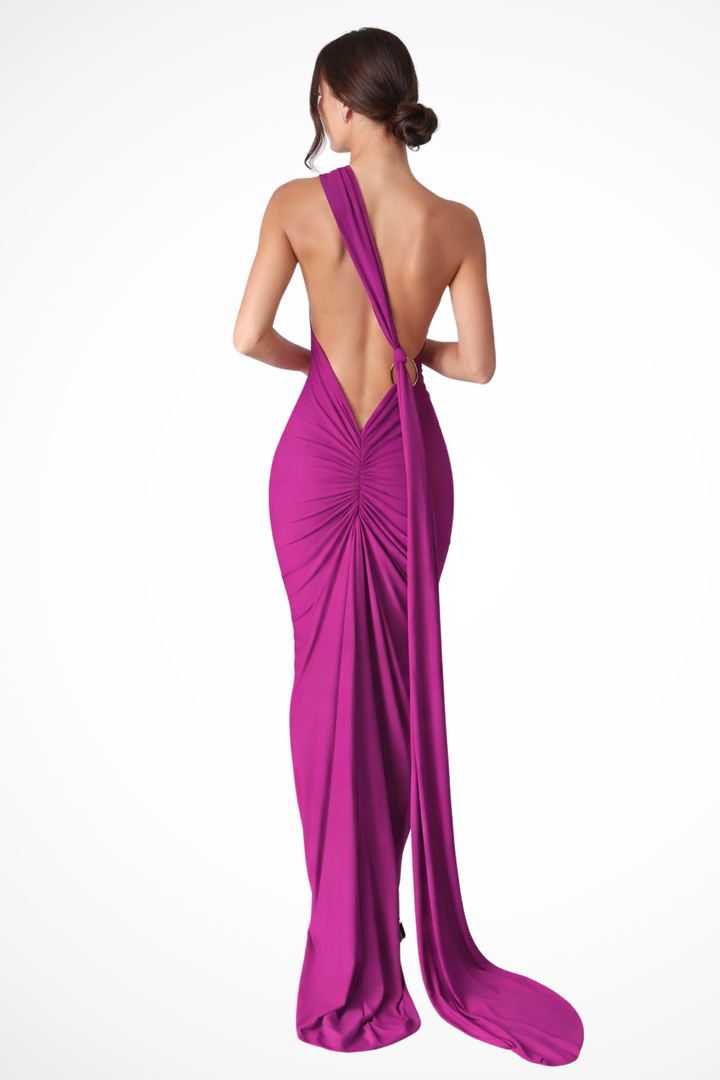 Womens Maxi Dress One Shoulder Ruched Backless