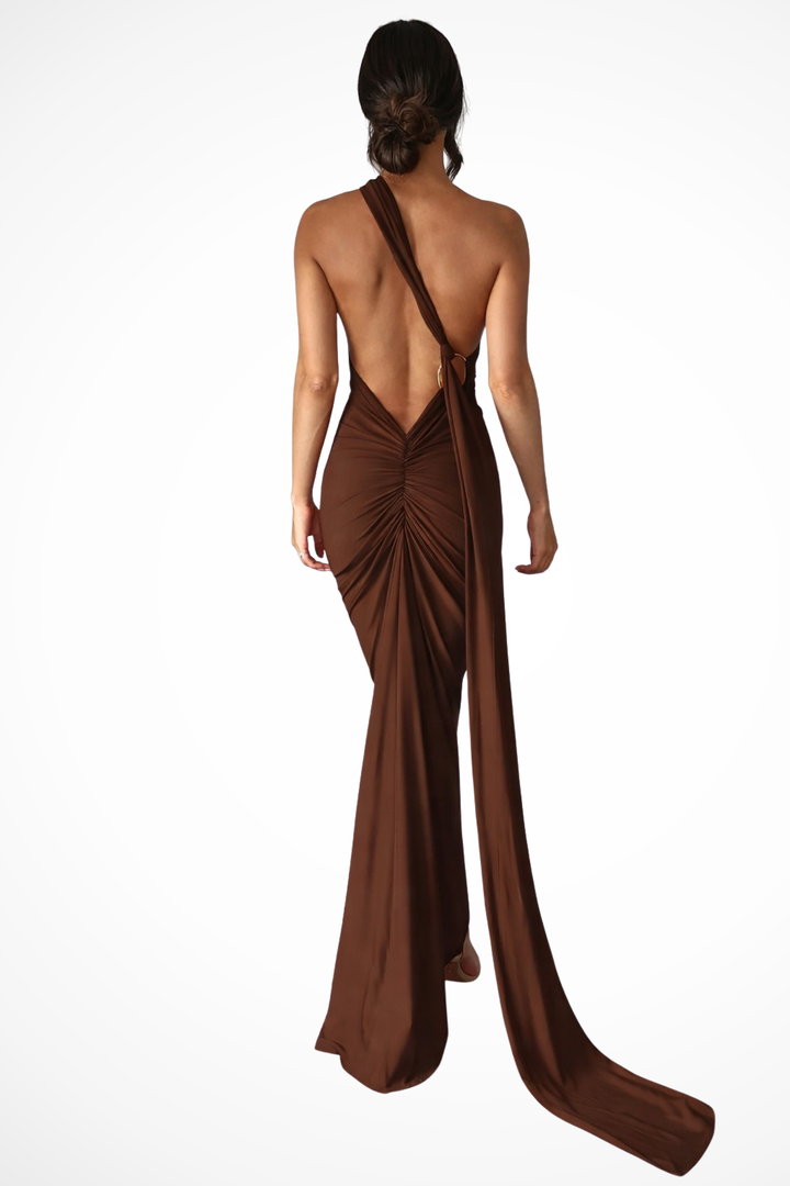 Womens Maxi Dress One Shoulder Ruched Backless