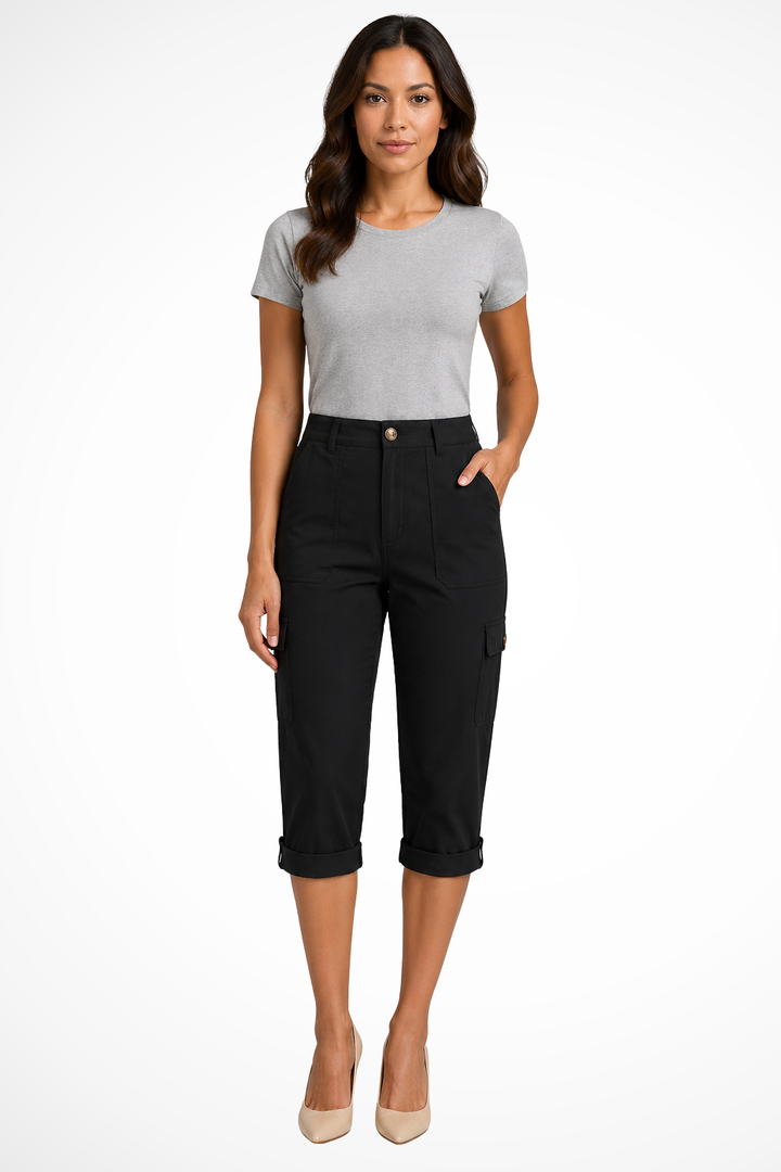 Womens Cargo Cropped Trousers Relaxed Fit Cotton - Clovrio