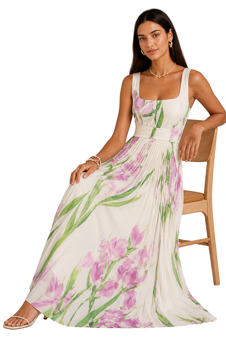 Womens Maxi Dress Pleated Floral Square Neck