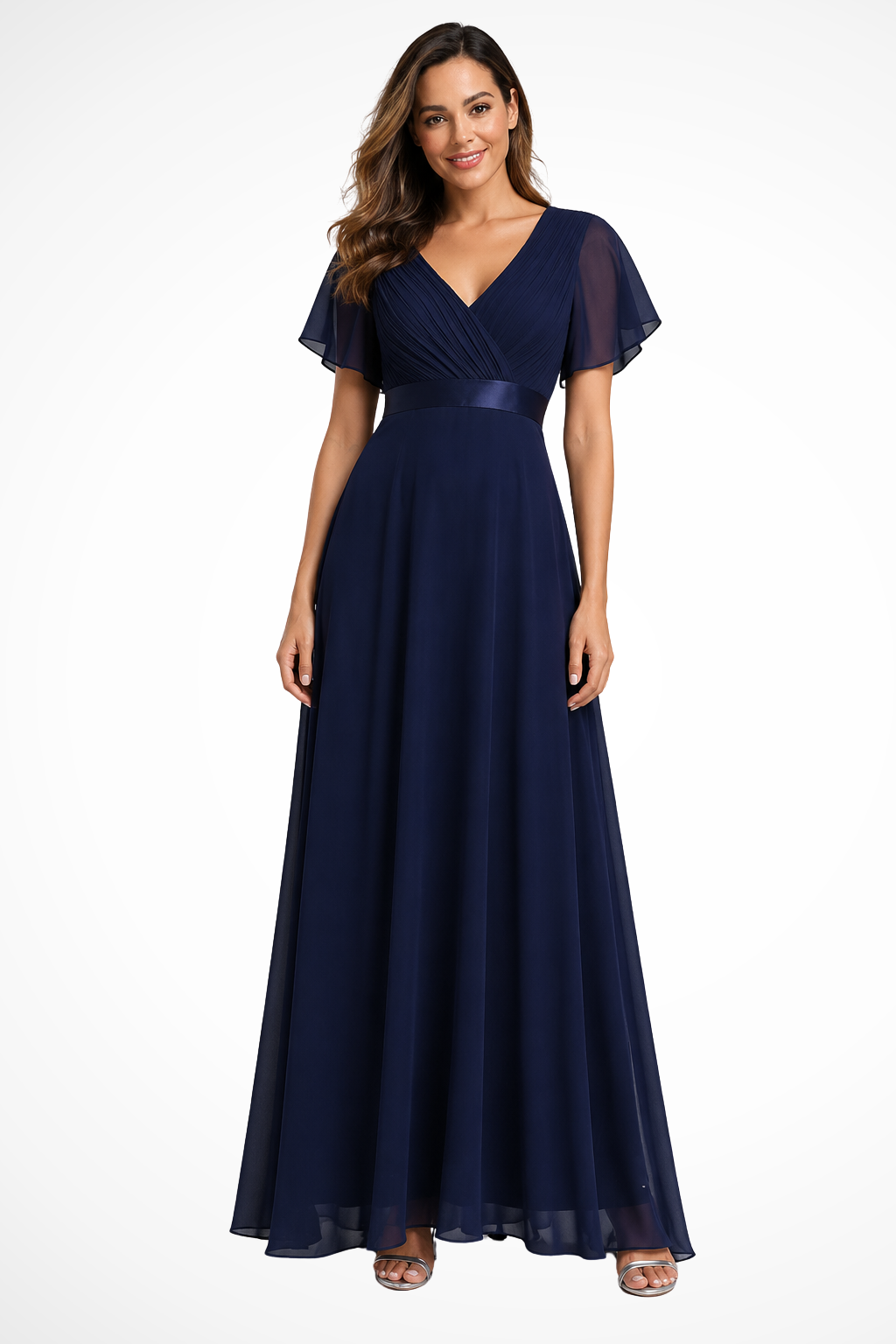 Siopie Women's Chiffon Flutter Sleeve V-Neck Maxi Dress in Navy Blue