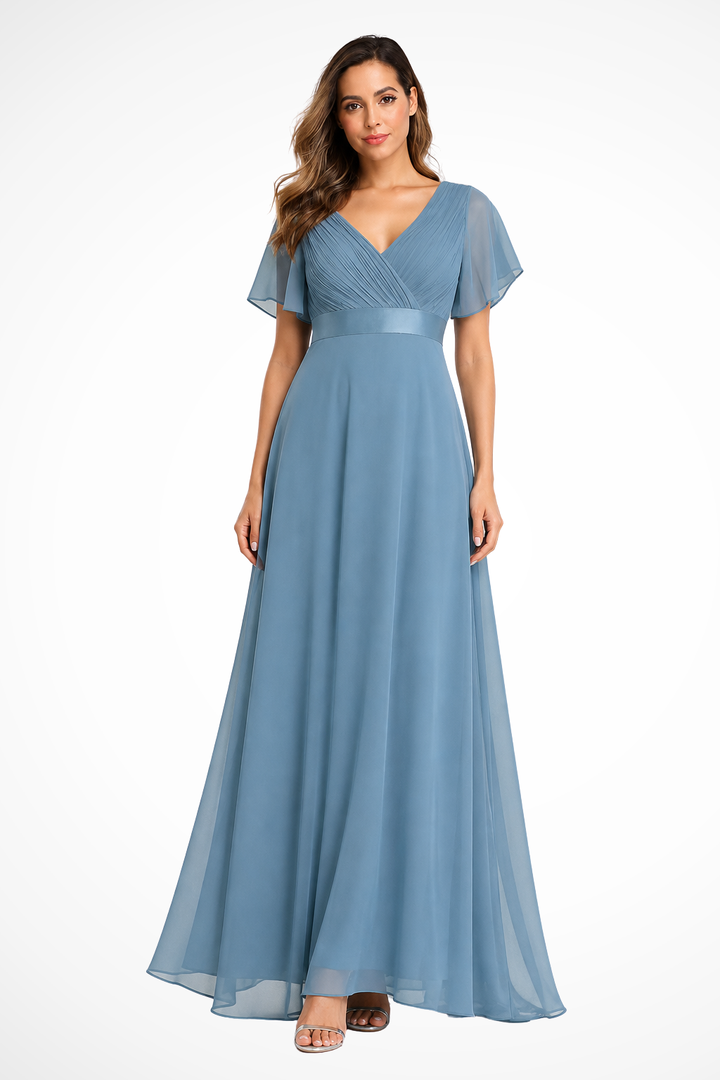 Siopie Women's Chiffon Flutter Sleeve V-Neck Maxi Dress in Lack Blue