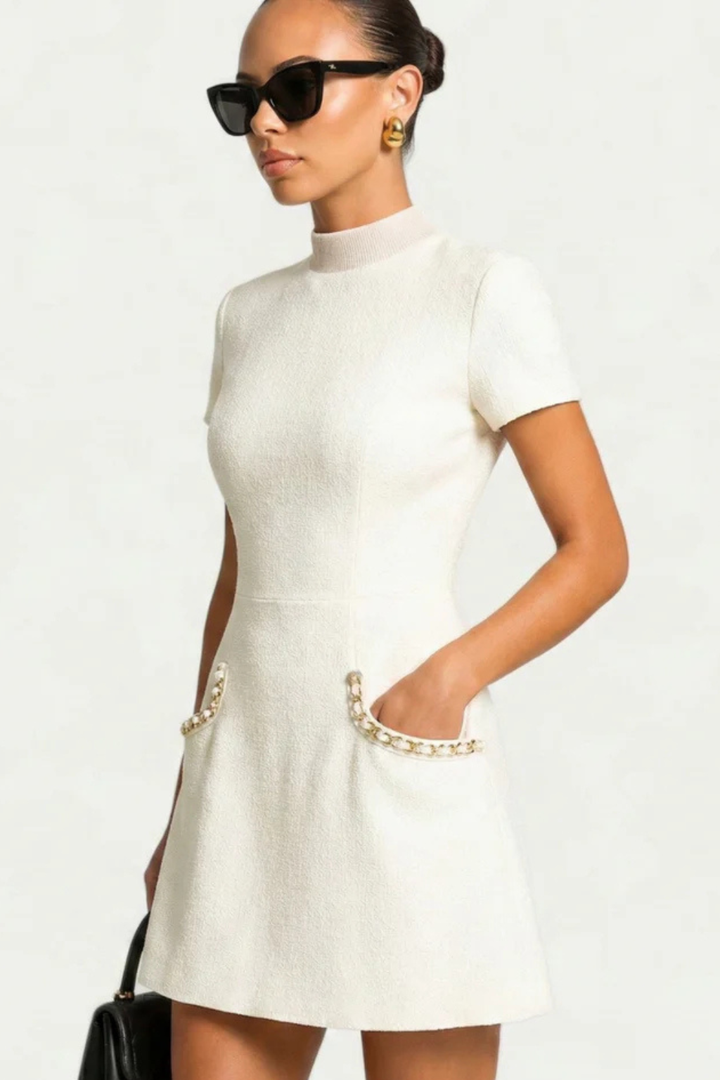 Womens Mini Dress with Pearl Trim and Fitted Style