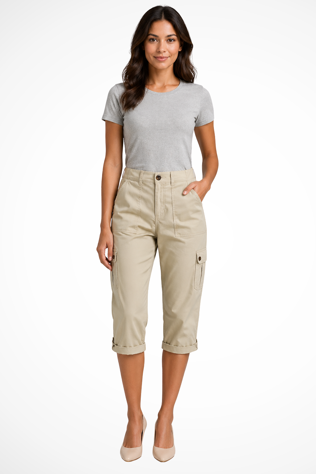Siopie Women's Relaxed Cargo Cropped Trousers in Khaki