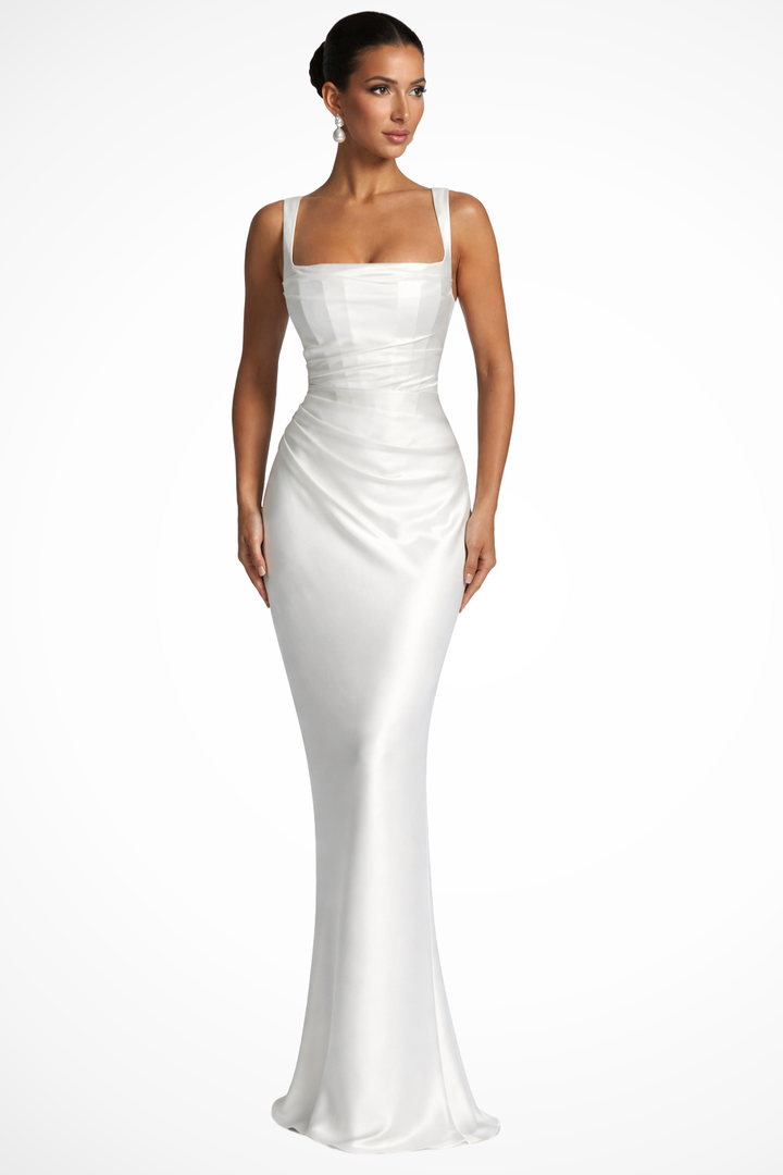 Satin Ruched Maxi Dress White – Siopie