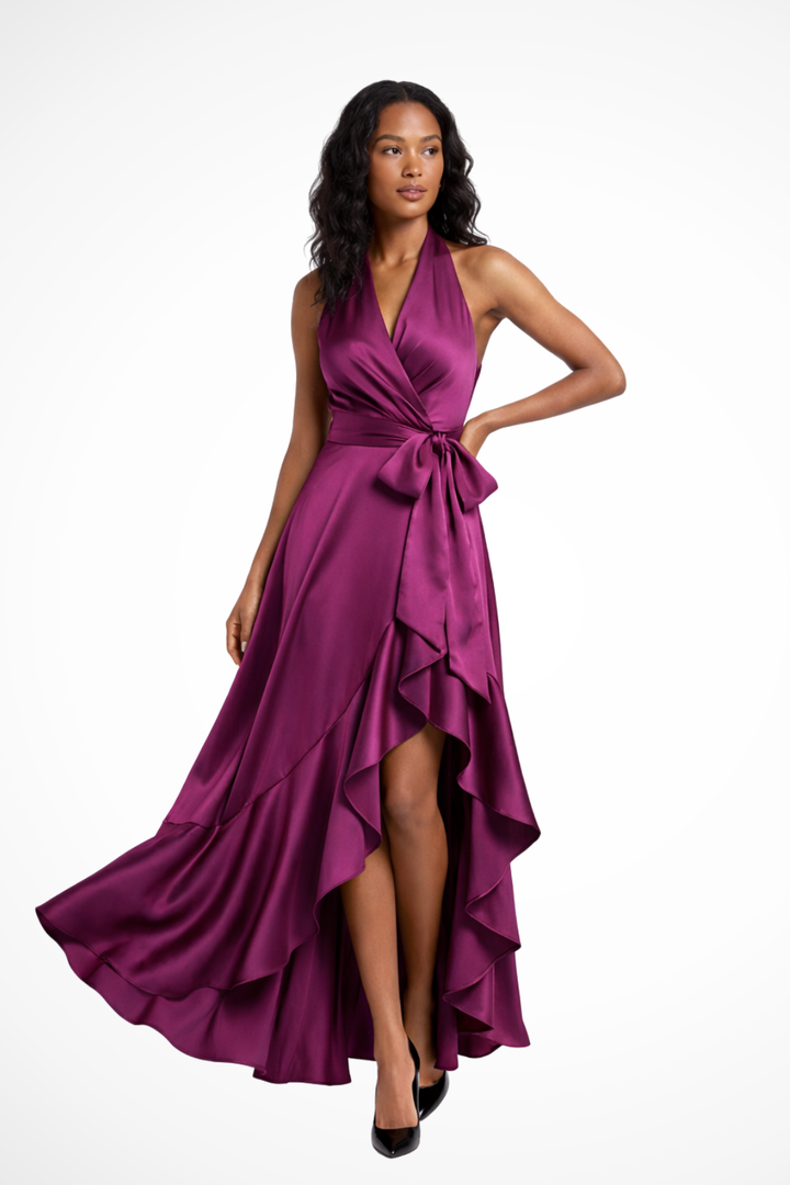 Siopie Women's Satin Halter Neck Maxi Dress in Fuchsia