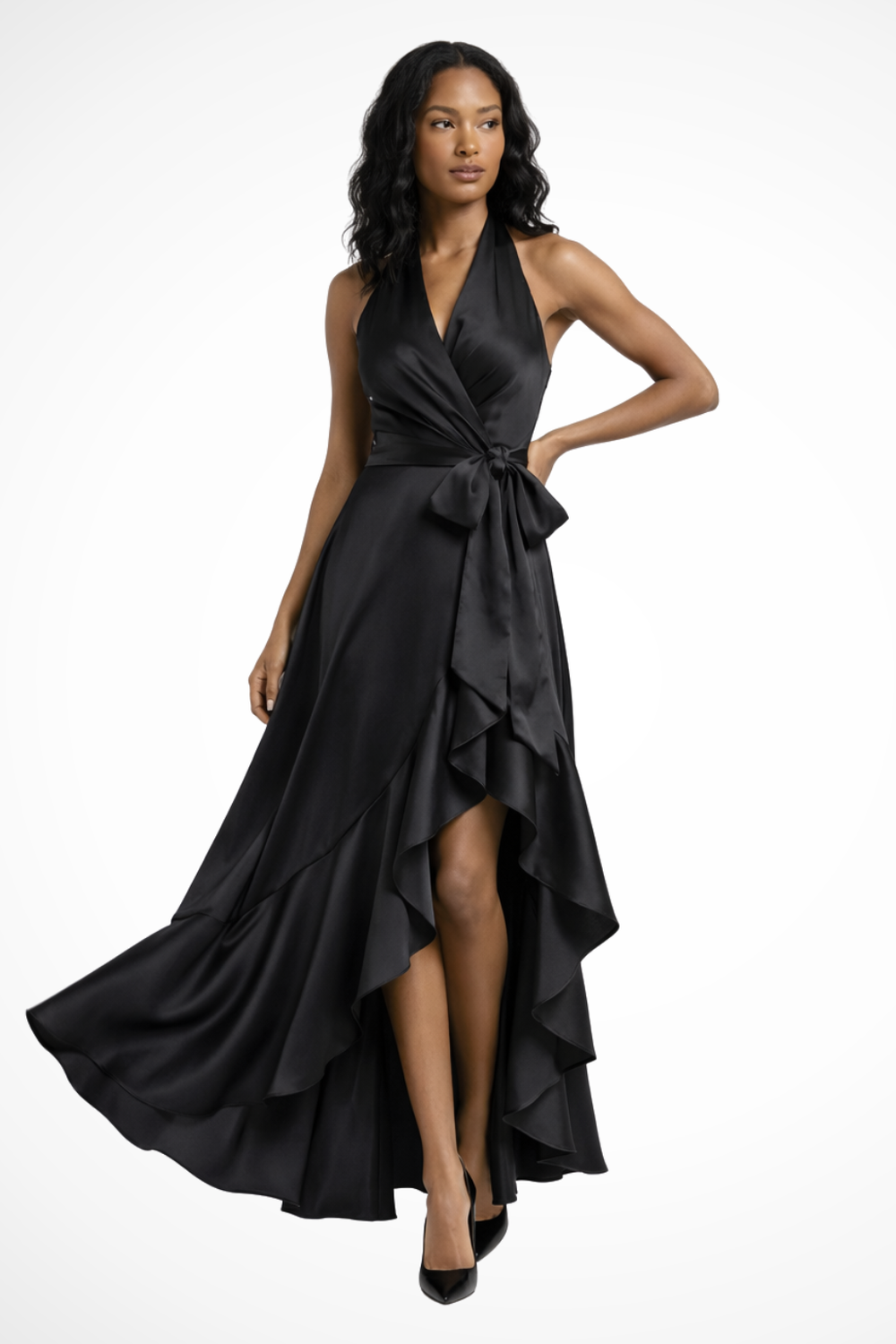 Siopie Women's Satin Halter Neck Maxi Dress in Black