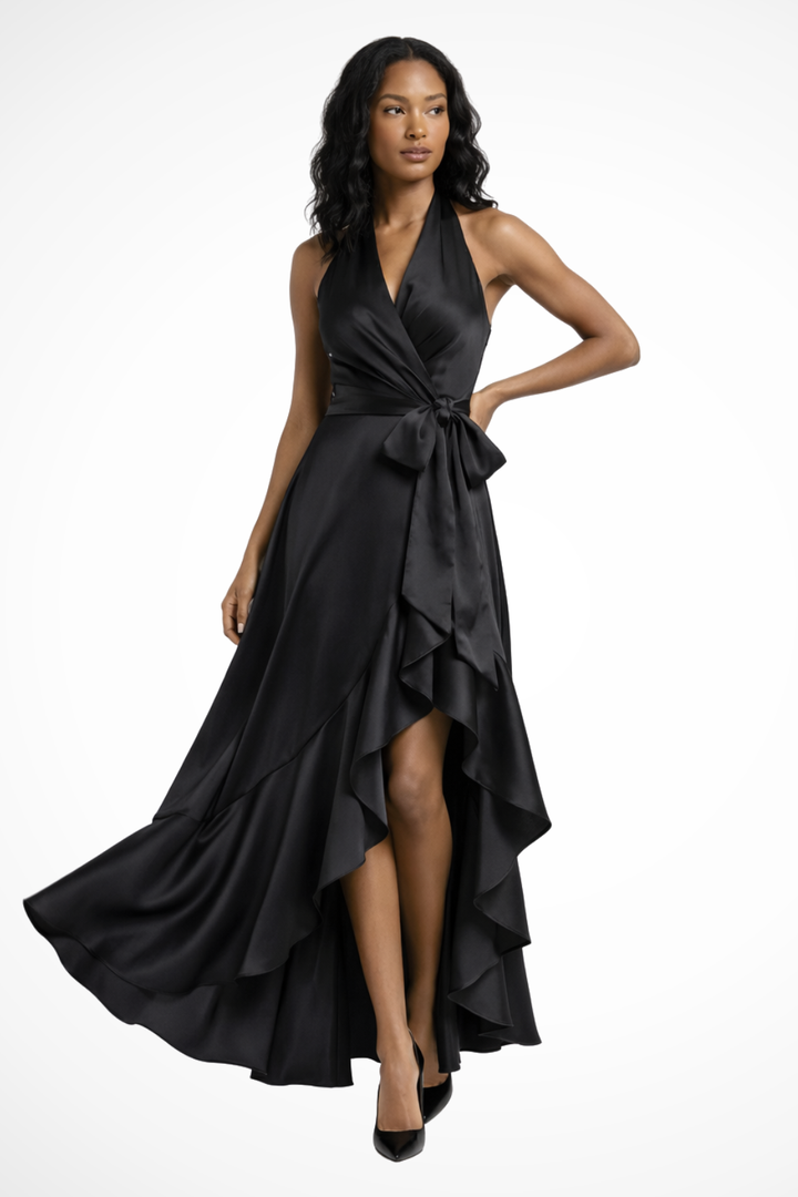 Siopie Women's Satin Halter Neck Maxi Dress in Black