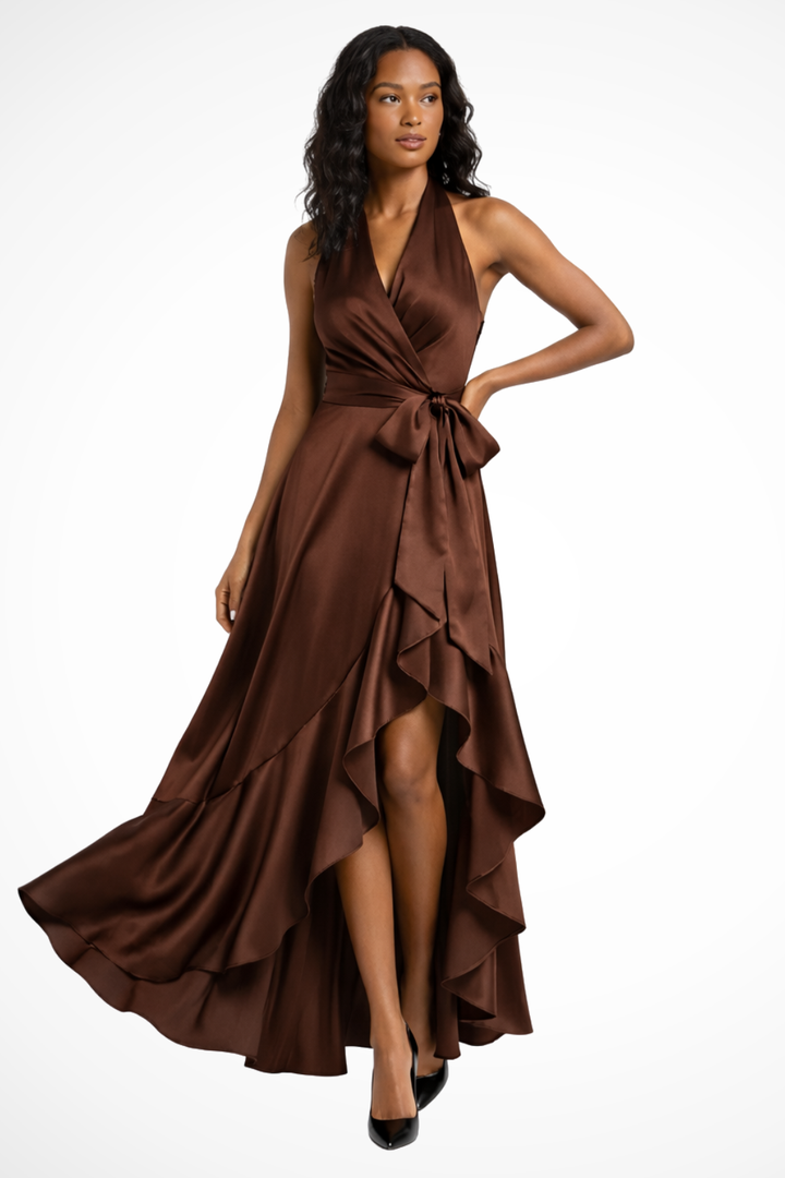 Siopie Women's Satin Halter Neck Maxi Dress in Brown
