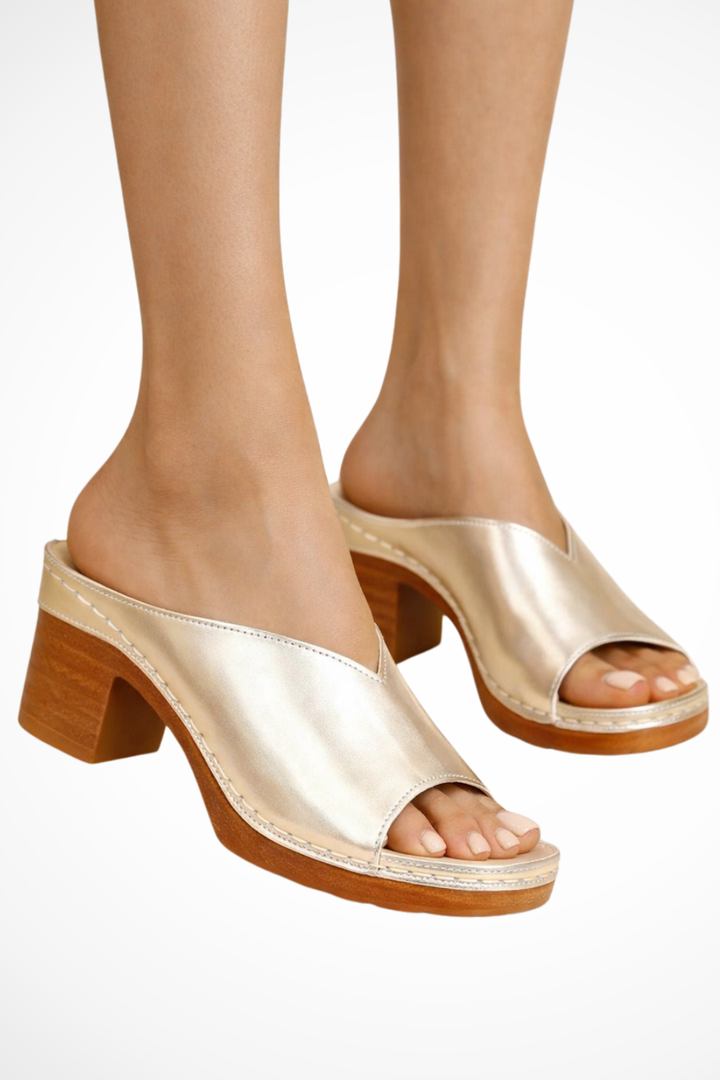 Siopie Women's Open Toe Block Heel Mules in Gold