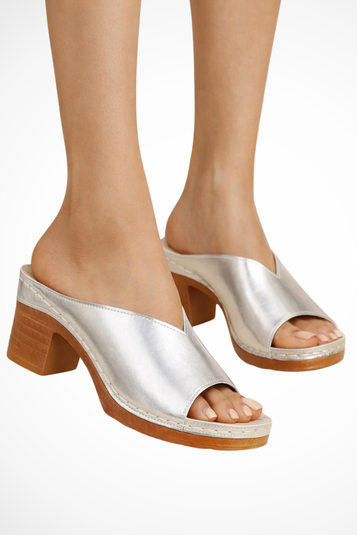 Siopie Women's Open Toe Block Heel Mules in Silver