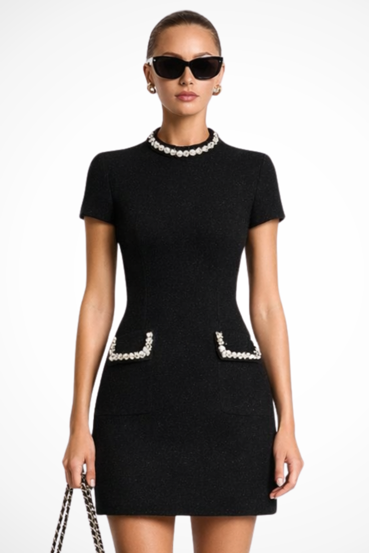 Womens Mini Dress with Pearl Trim and Fitted Style - Clovrio
