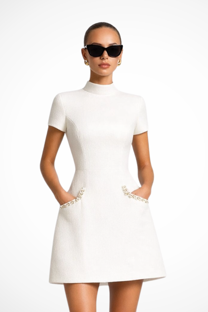 Womens Mini Dress with Pearl Trim and Fitted Style