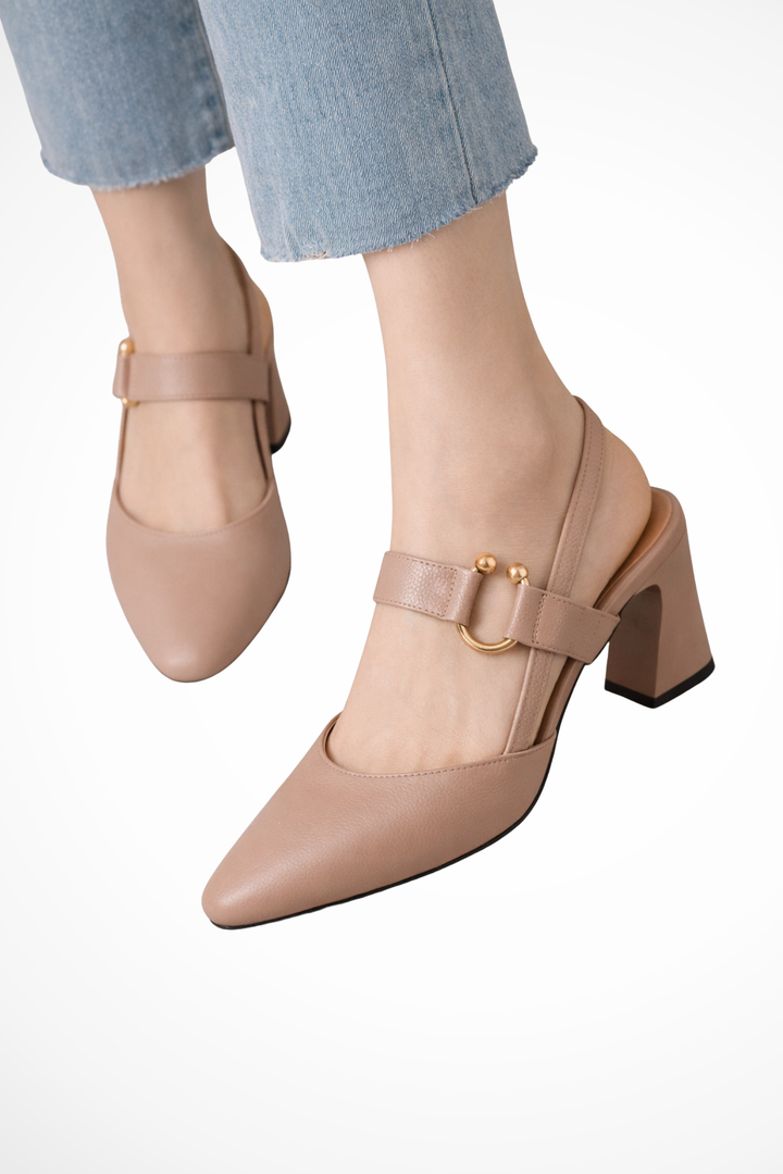 Siopie Women's Slingback Block Heel Mary Janes in Beige
