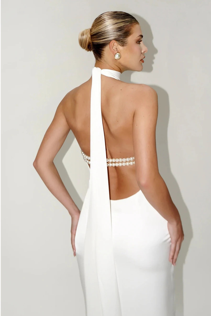 Siopie Women's High Neck Halter Chain Detail Backless Maxi Dress