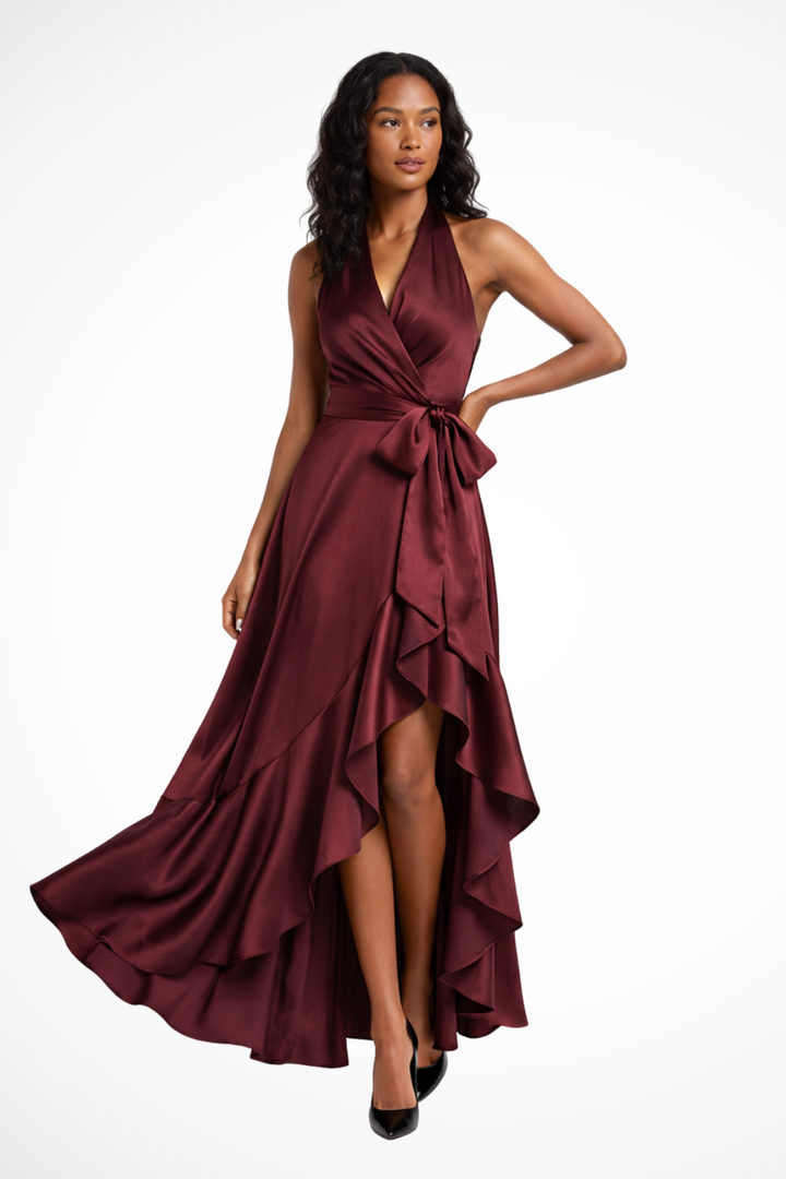 Siopie Women's Satin Halter Neck Maxi Dress in Burgundy