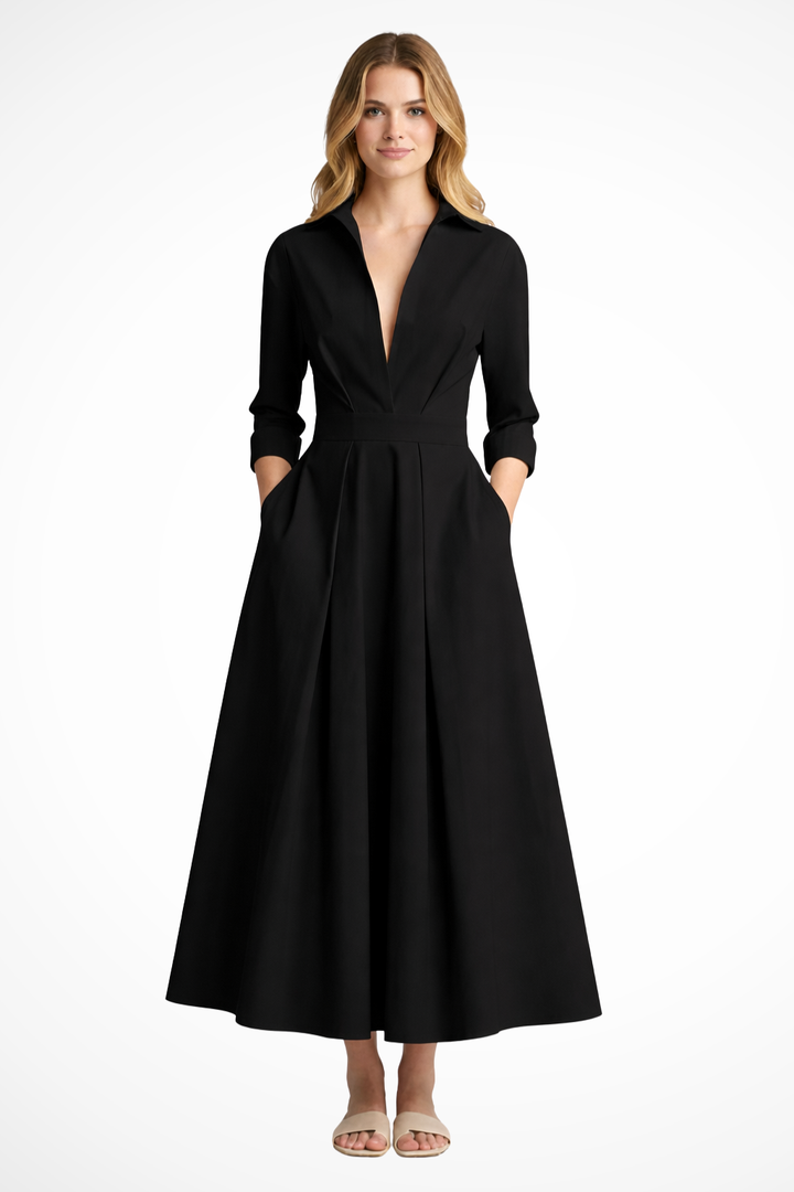 Womens Midi Dress with Collar and Button-Front