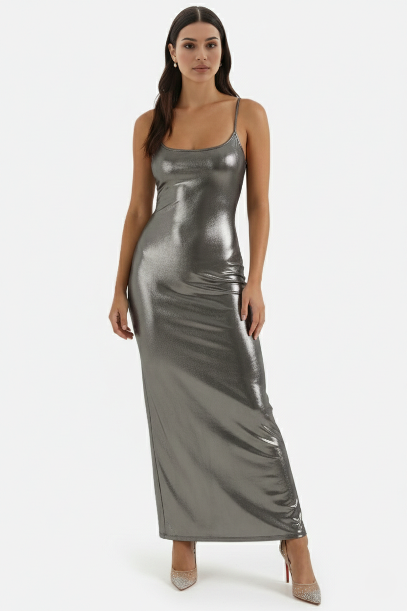 Womens Metallic Bodycon Maxi Dress with Spaghetti Straps