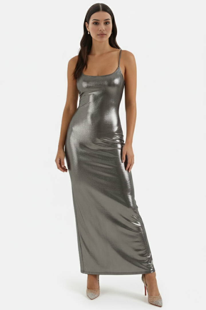 Womens Metallic Bodycon Maxi Dress with Spaghetti Straps