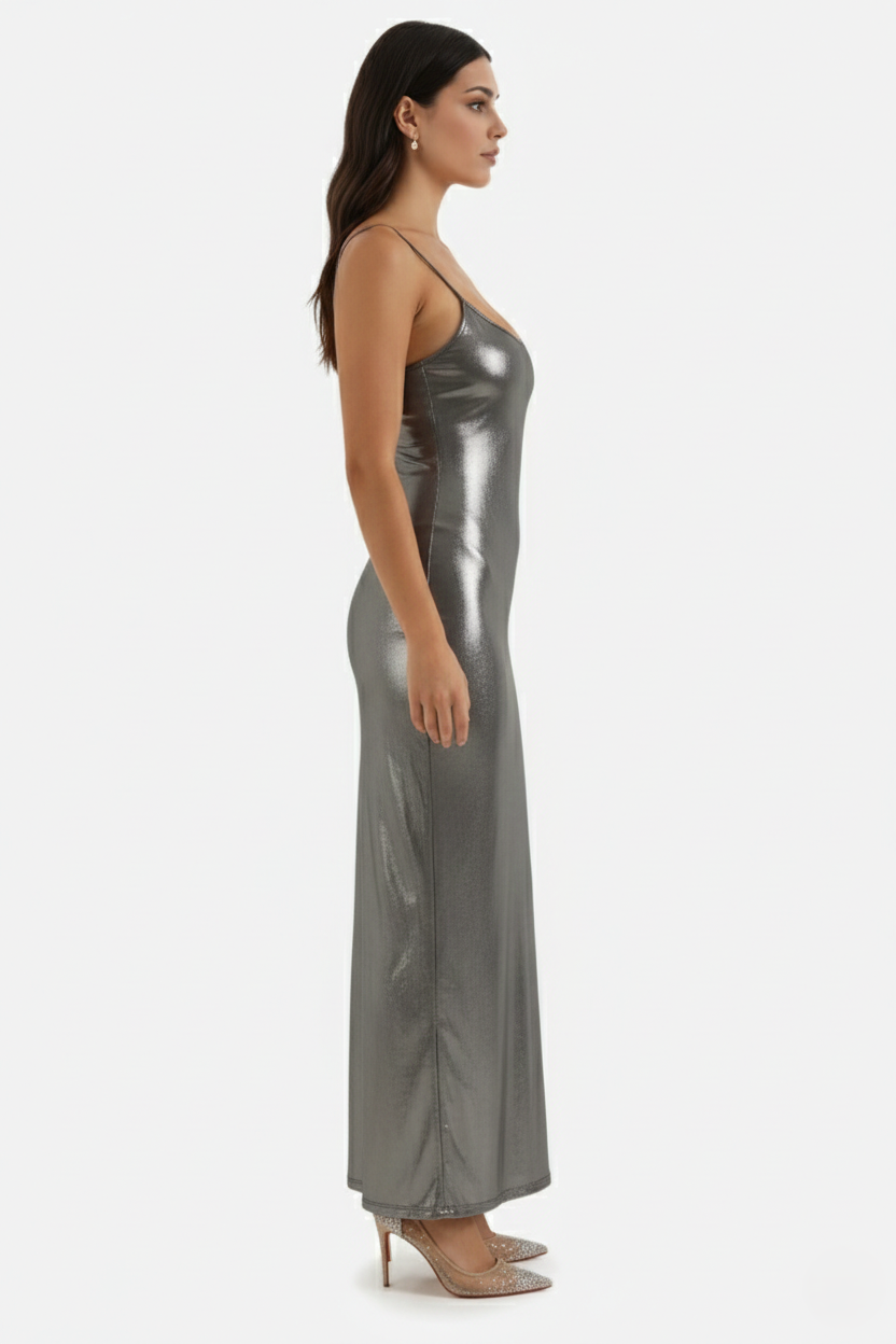Womens Metallic Bodycon Maxi Dress with Spaghetti Straps