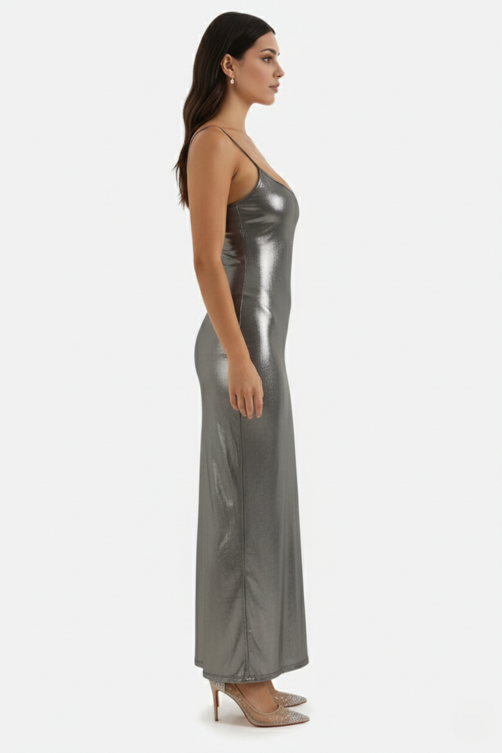 Womens Metallic Bodycon Maxi Dress with Spaghetti Straps