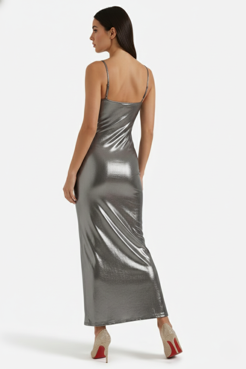 Womens Metallic Bodycon Maxi Dress with Spaghetti Straps