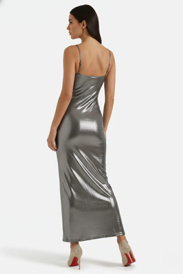 Womens Metallic Bodycon Maxi Dress with Spaghetti Straps