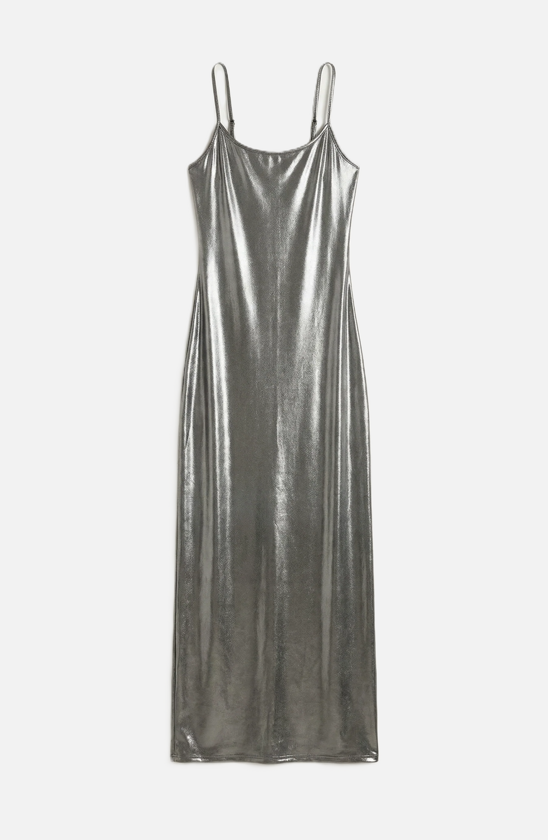 Womens Metallic Bodycon Maxi Dress with Spaghetti Straps