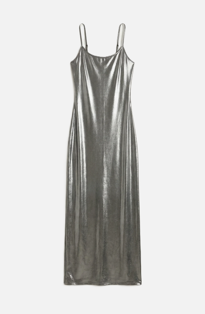 Womens Metallic Bodycon Maxi Dress with Spaghetti Straps