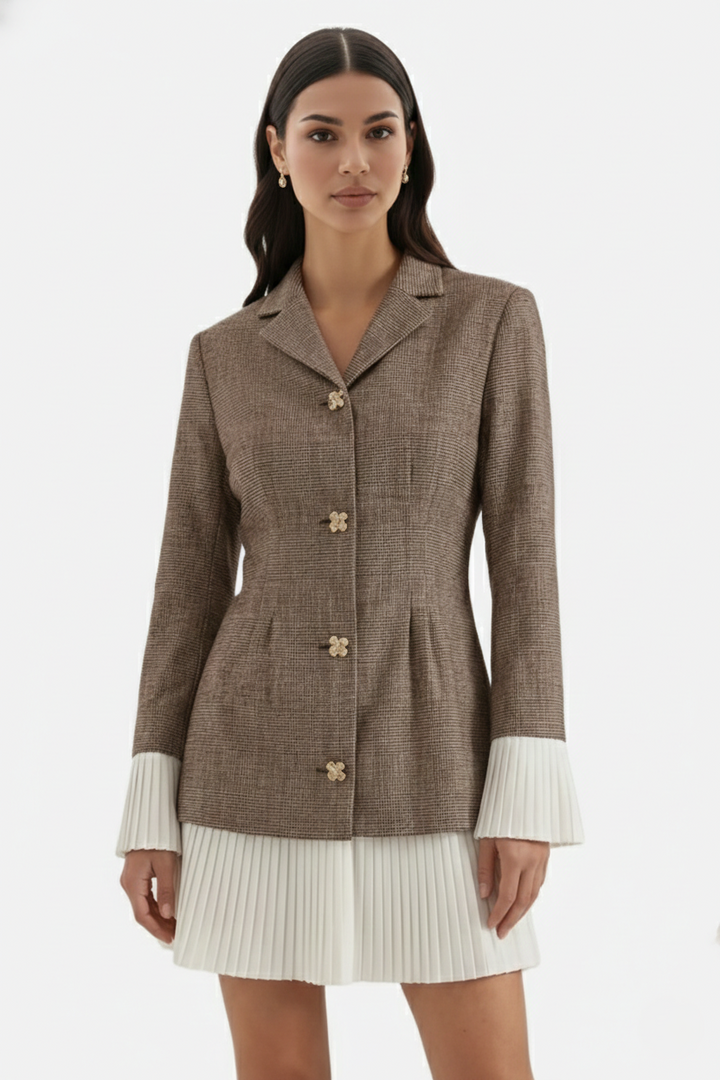 Womens Tailored Blazer Dress Pleated Hem Long Sleeve - Clovrio