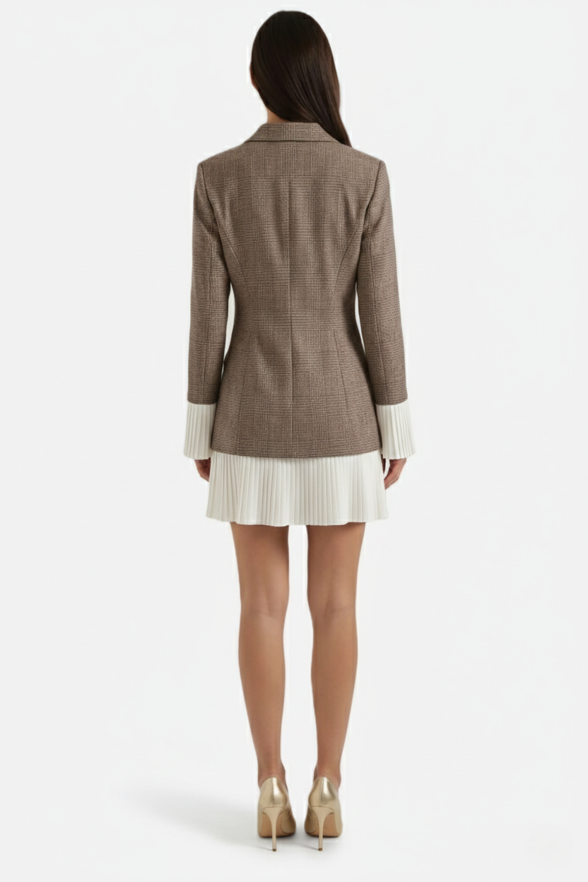 Womens Tailored Blazer Dress Pleated Hem Long Sleeve