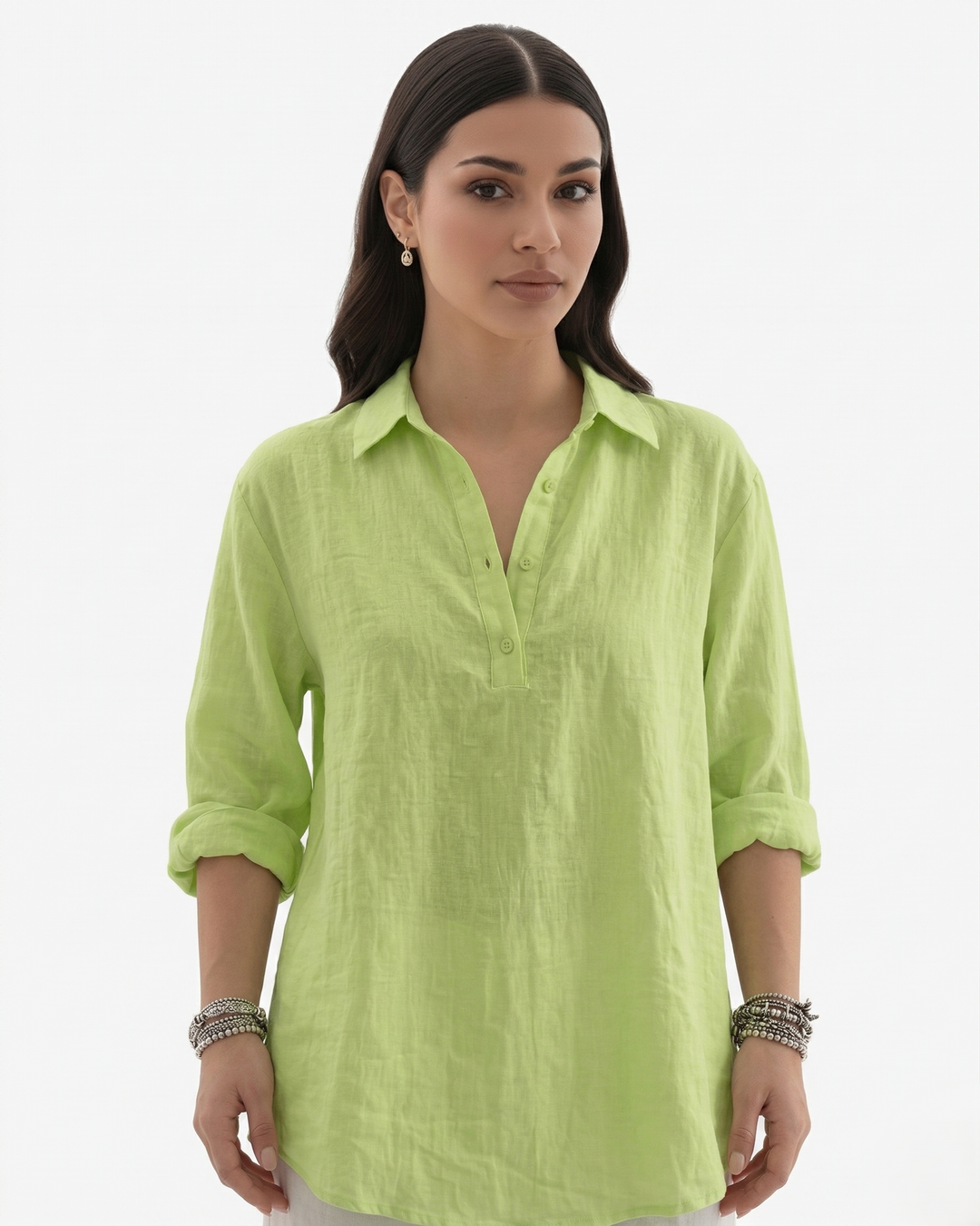 Womens Long Sleeve Shirt Linen Blend Collared Button Placket