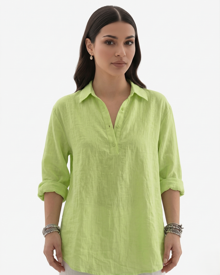 Womens Long Sleeve Shirt Linen Blend Collared Button Placket