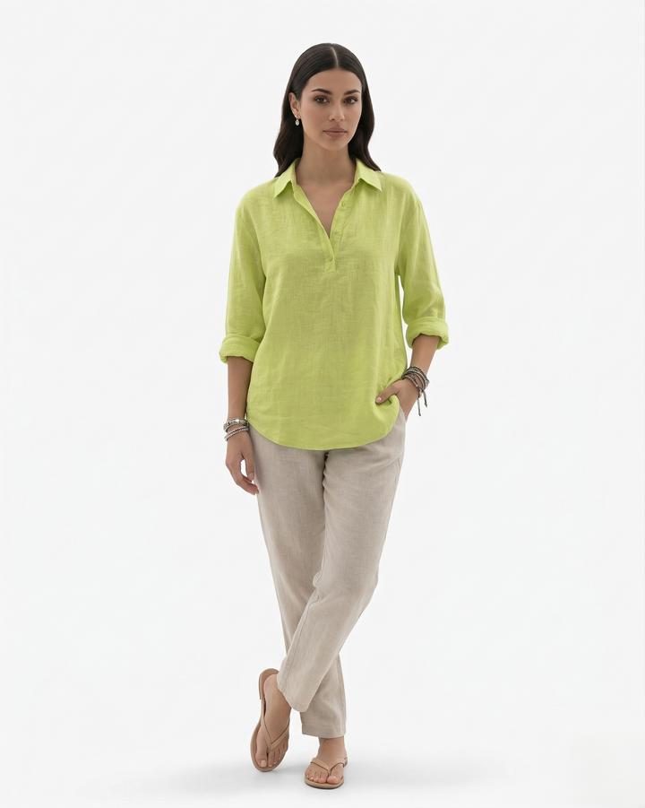 Womens Long Sleeve Shirt Linen Blend Collared Button Placket