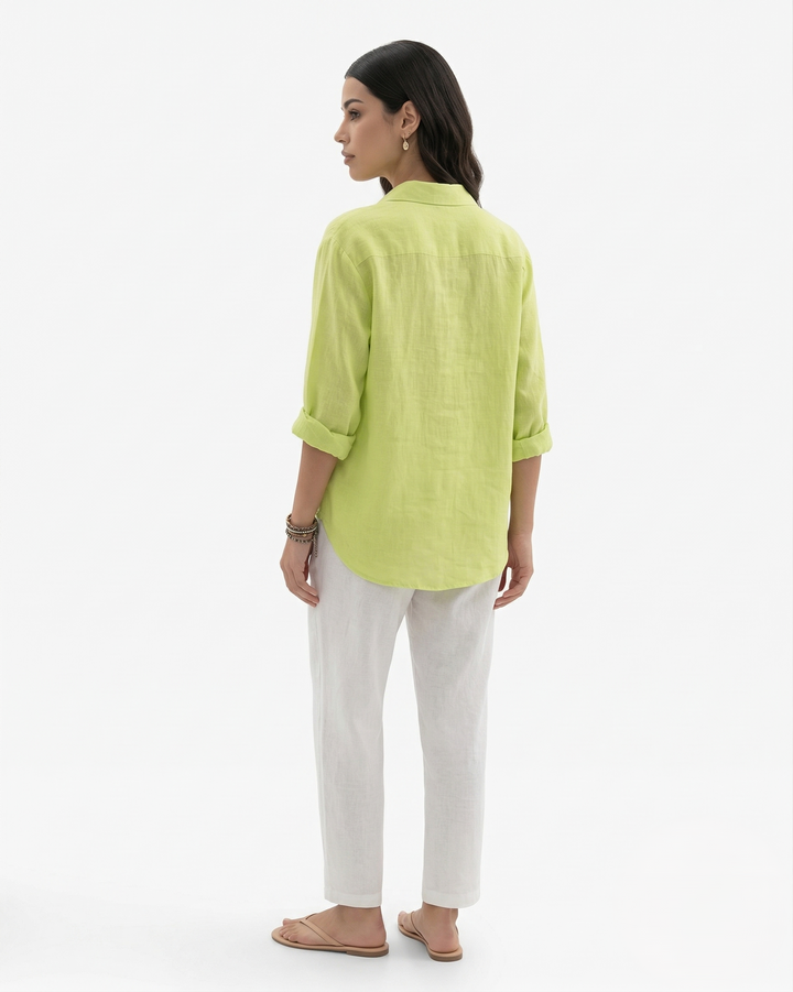 Womens Long Sleeve Shirt Linen Blend Collared Button Placket