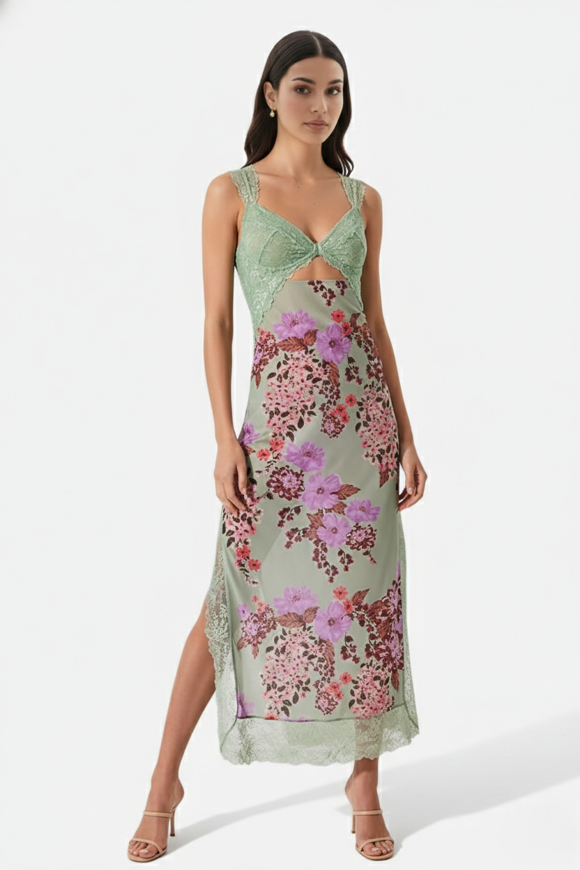 Womens Maxi Slip Dress Lace Trim Side Slit