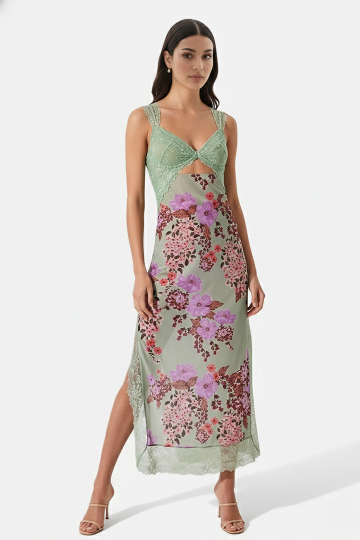Womens Maxi Slip Dress Lace Trim Side Slit