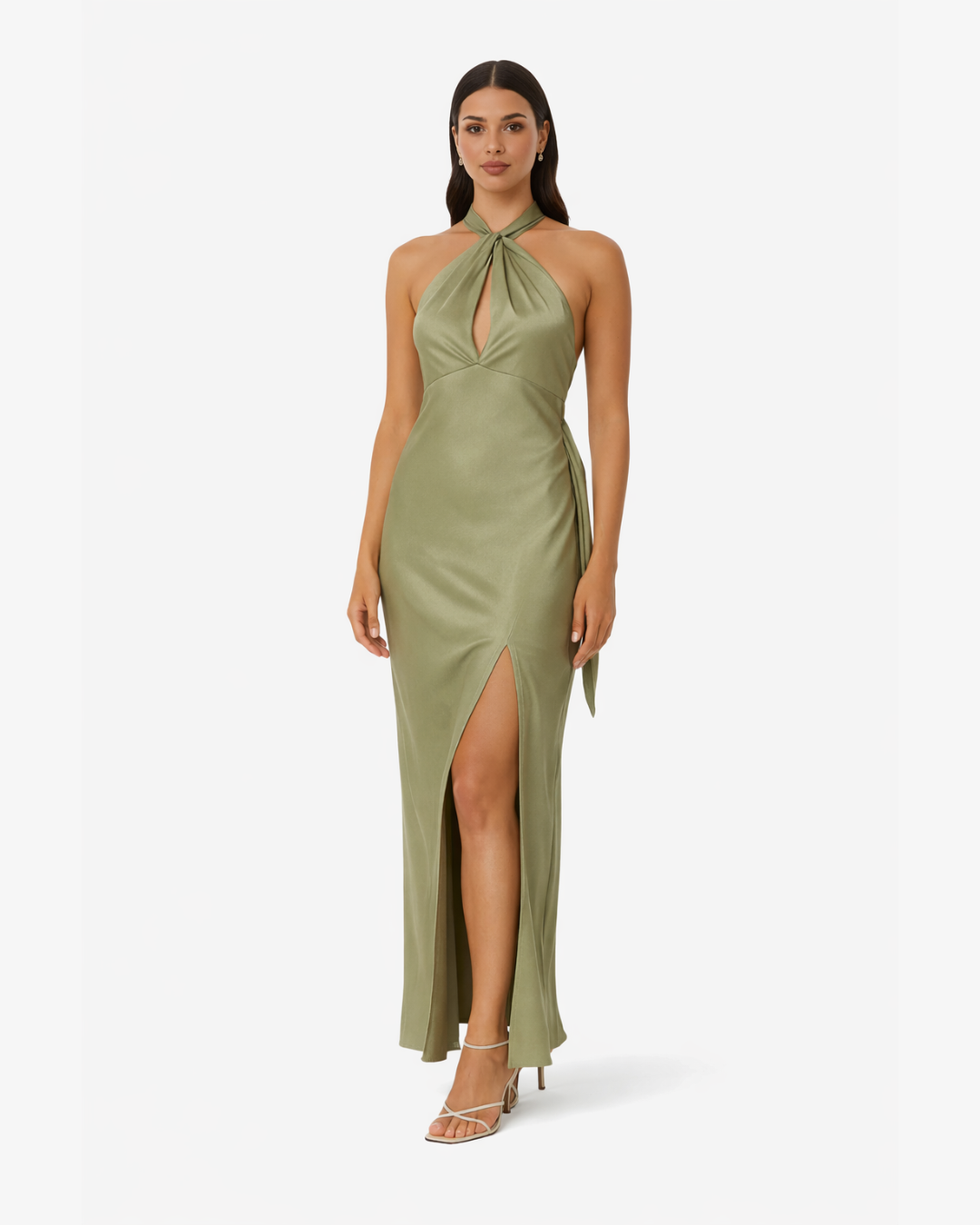 Womens Satin Maxi Dress Halter Neck Keyhole Side Slit - Clovrio