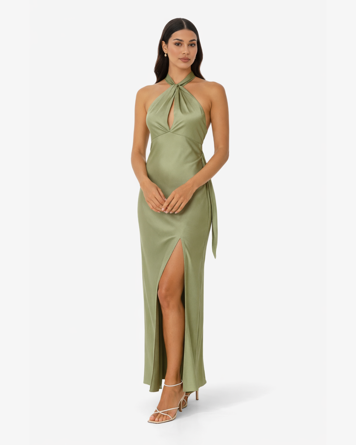 Womens Satin Maxi Dress Halter Neck Keyhole Side Slit