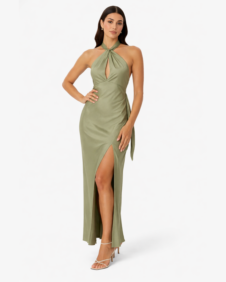 Womens Satin Maxi Dress Halter Neck Keyhole Side Slit