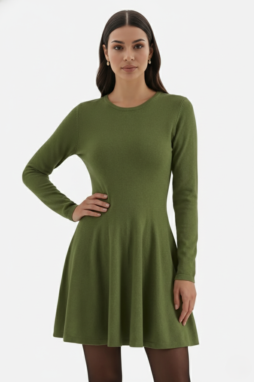 Womens Knitted Skater Dress Long Sleeve Fit and Flare