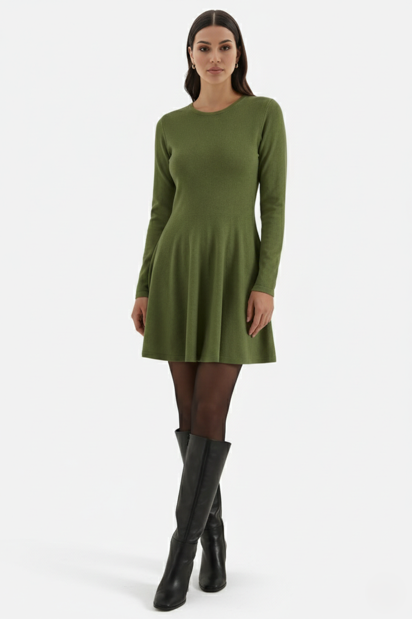 Womens Knitted Skater Dress Long Sleeve Fit and Flare