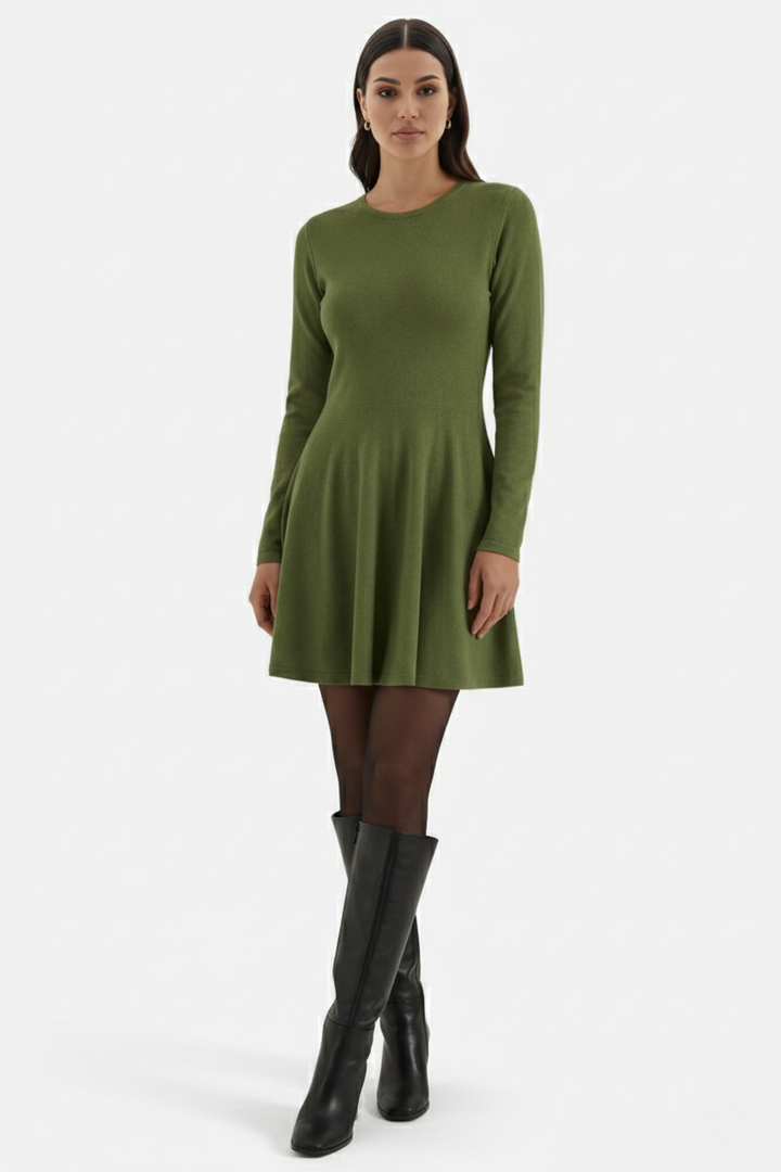Womens Knitted Skater Dress Long Sleeve Fit and Flare