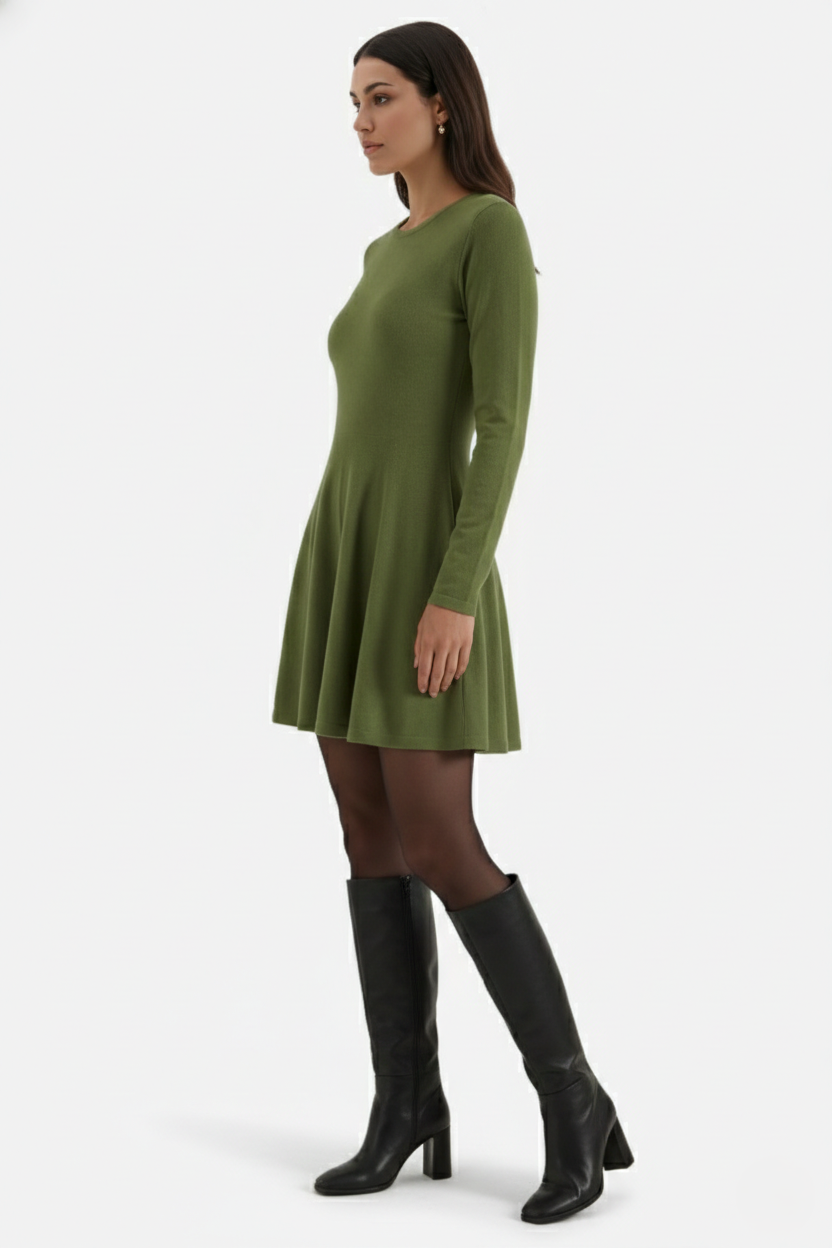 Womens Knitted Skater Dress Long Sleeve Fit and Flare
