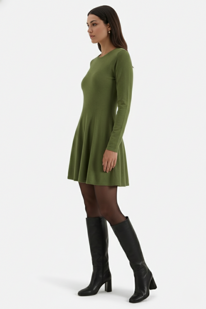 Womens Knitted Skater Dress Long Sleeve Fit and Flare